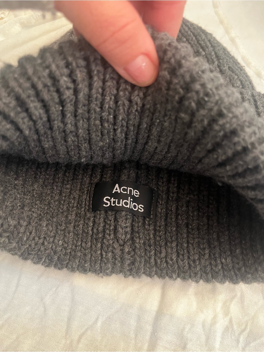 ACNE STUDIO Gray Ribbed Knit Beanie Hat with Patch. Worn twice - Picture 3 of 5